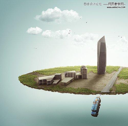 Photoshop合成从悬浮空中城市掉落的卡车