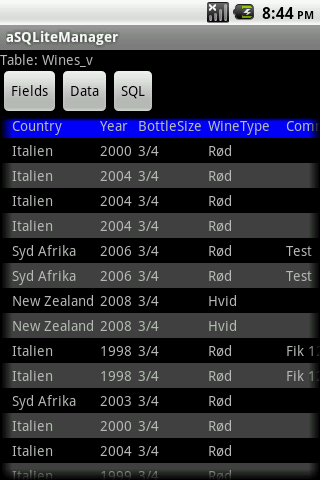 Browsing a view from my Android wine database